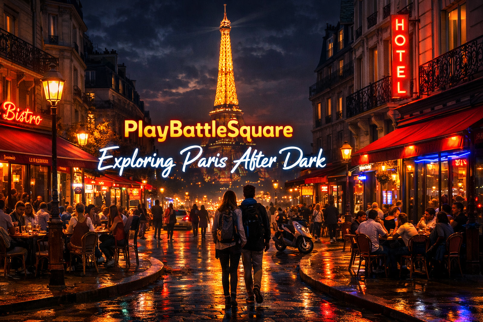 PlayBattleSquare Paris night guide showing Eiffel Tower, nightlife streets, and evening city exploration
