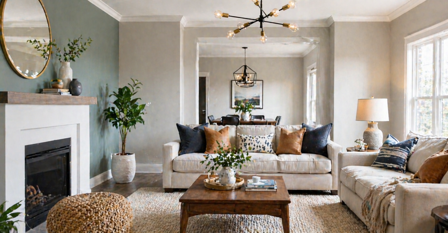 Renovated living room showcasing budget-friendly home improvement ideas with painted walls and new decor