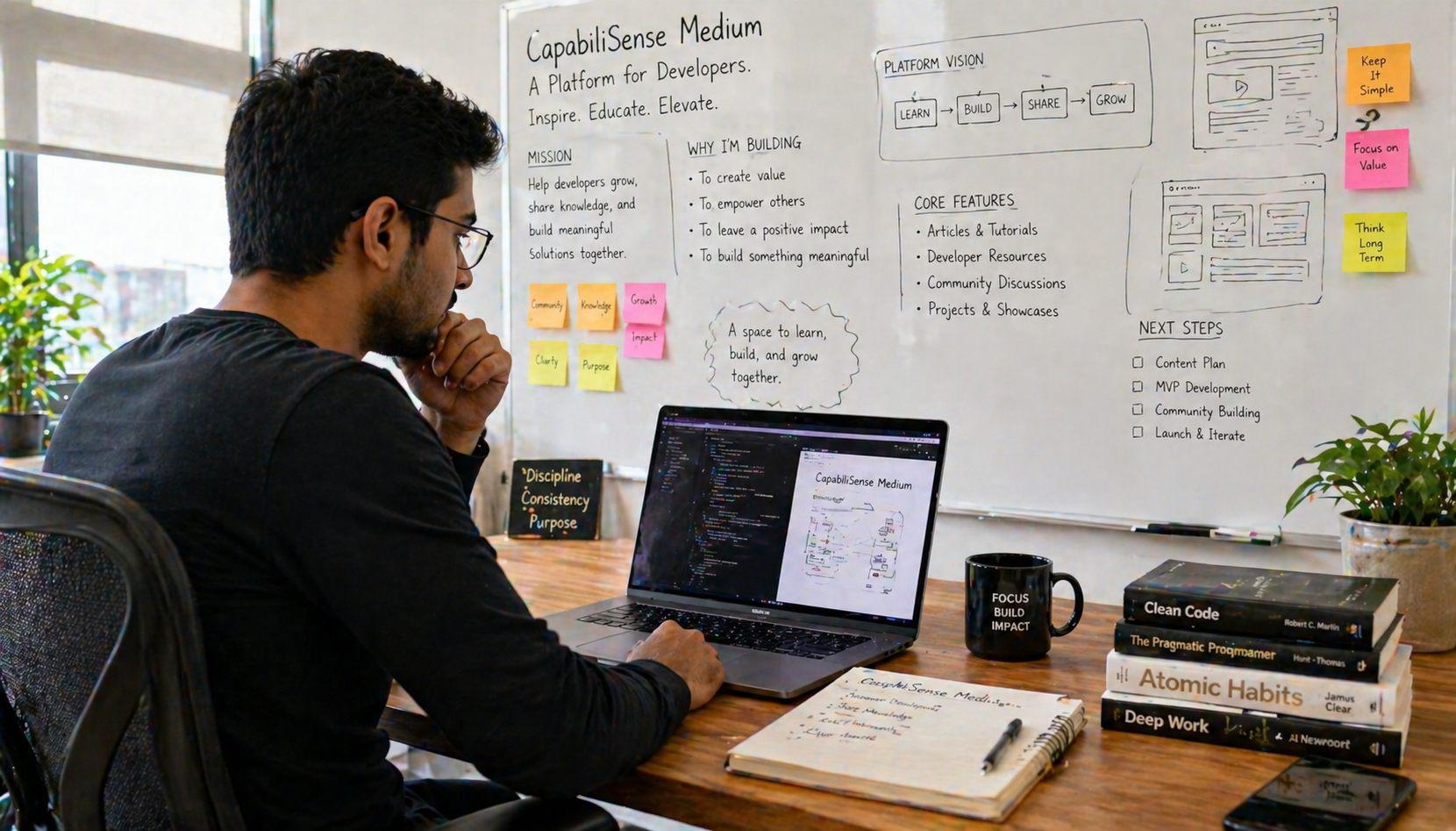 Developer workspace showing why I'm building CapabiliSense Medium with planning materials and technology setup