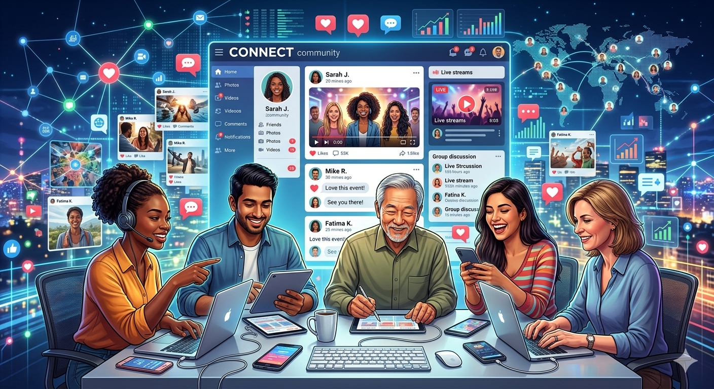 Kompama social media platform interface showing users connecting and sharing content in an engaging online community