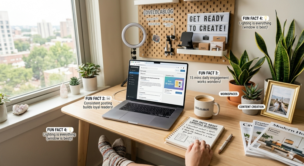 Lovelolablog fun facts about lifestyle blogging and digital content creation workspace